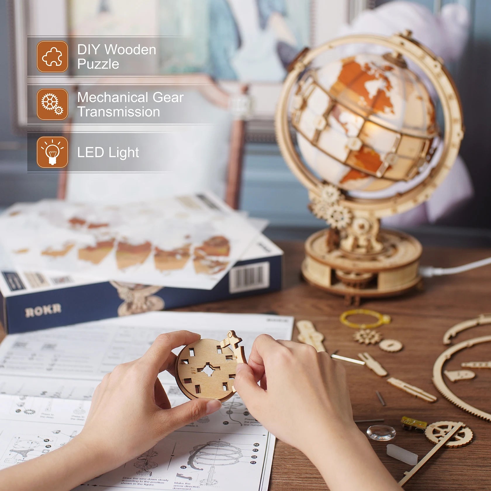 Wooden Globe Lamp 3D Puzzle Games for Birthday Gift for Kids Adults for Home Decor Building Blocks 3D